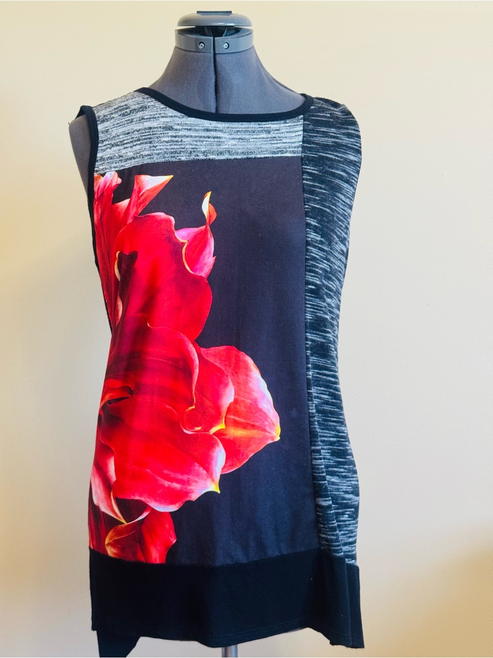 Sleeveless Black Top with Red Floral Print